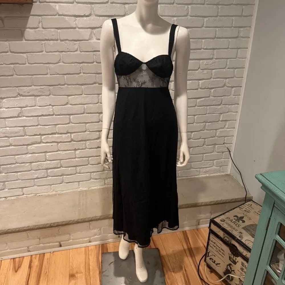 DANIELLE BERNSTEIN Black Lace Slip Dress Maxi Sheer Bust Lingerie Style Vintage